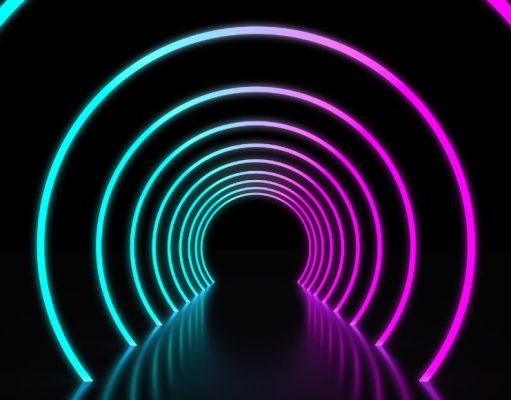 Lighted LED neon lights making arcs on a pathway