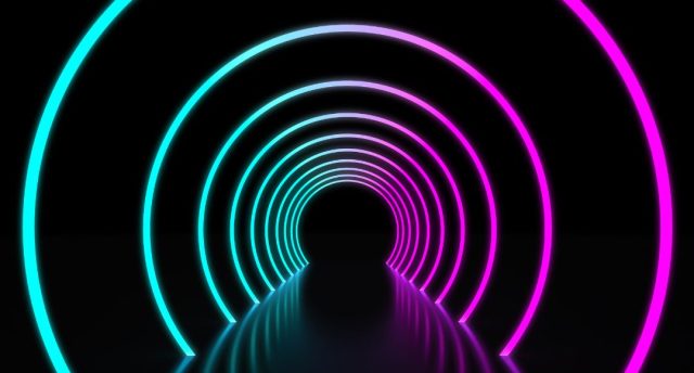 Lighted LED neon lights making arcs on a pathway