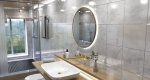 Bright bathroom with a lit round LED mirror