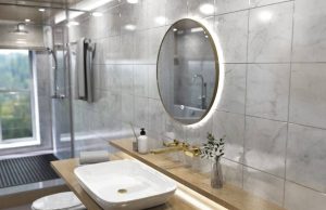 Bright bathroom with a lit round LED mirror