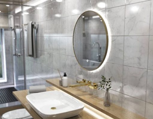 Bright bathroom with a lit round LED mirror