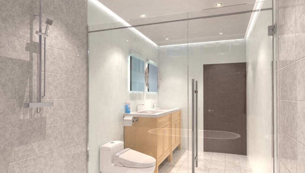Bathroom with different kinds of bright lights installed