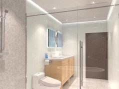 Bathroom with different kinds of bright lights installed