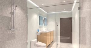 Bathroom with different kinds of bright lights installed