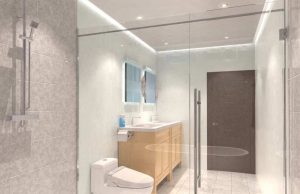 Bathroom with different kinds of bright lights installed