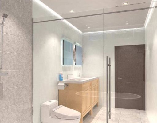 Bathroom with different kinds of bright lights installed