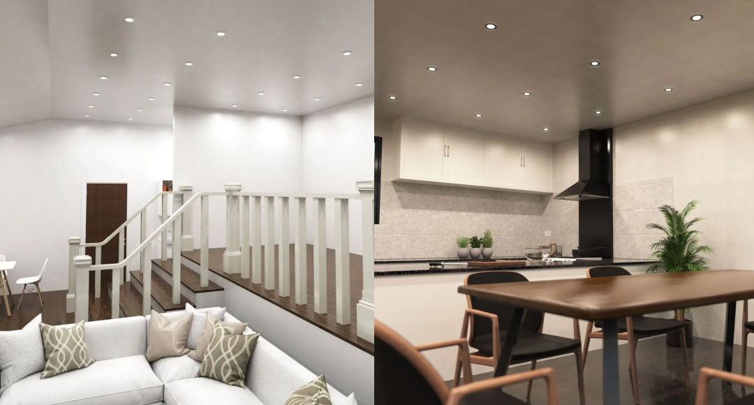 LED GU10 downlights in living room and dining room