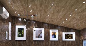 downlights in the bedroom with wooden ceiling