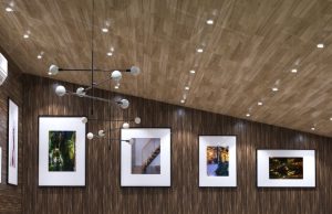 downlights in the bedroom with wooden ceiling