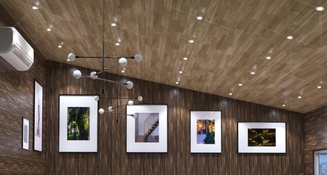 downlights in the bedroom with wooden ceiling
