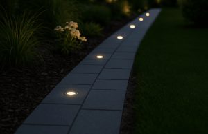 garden path illuminated by LED ground lights.