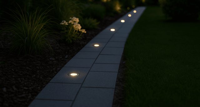 garden path illuminated by LED ground lights.