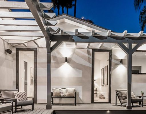 Bright outdoor lights under the night sky