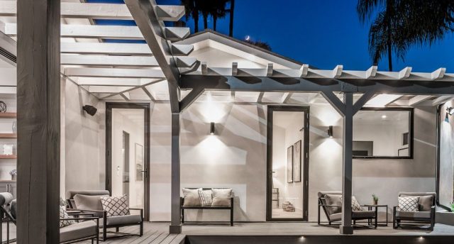 Bright outdoor lights under the night sky