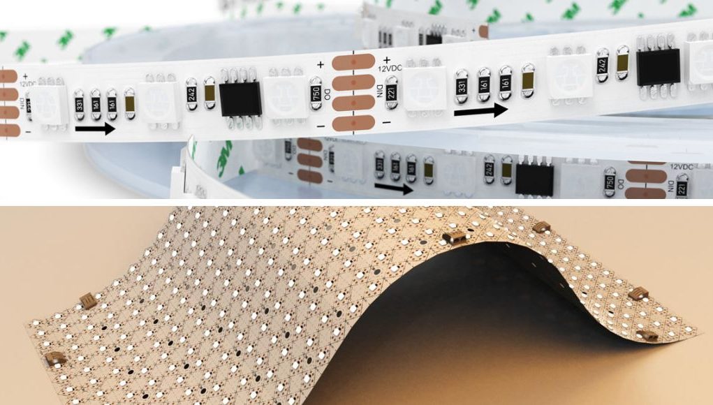 Split image of a LED strip and a LED sheet