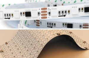 Split image of a LED strip and a LED sheet