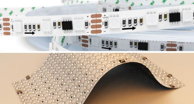 Split image of a LED strip and a LED sheet