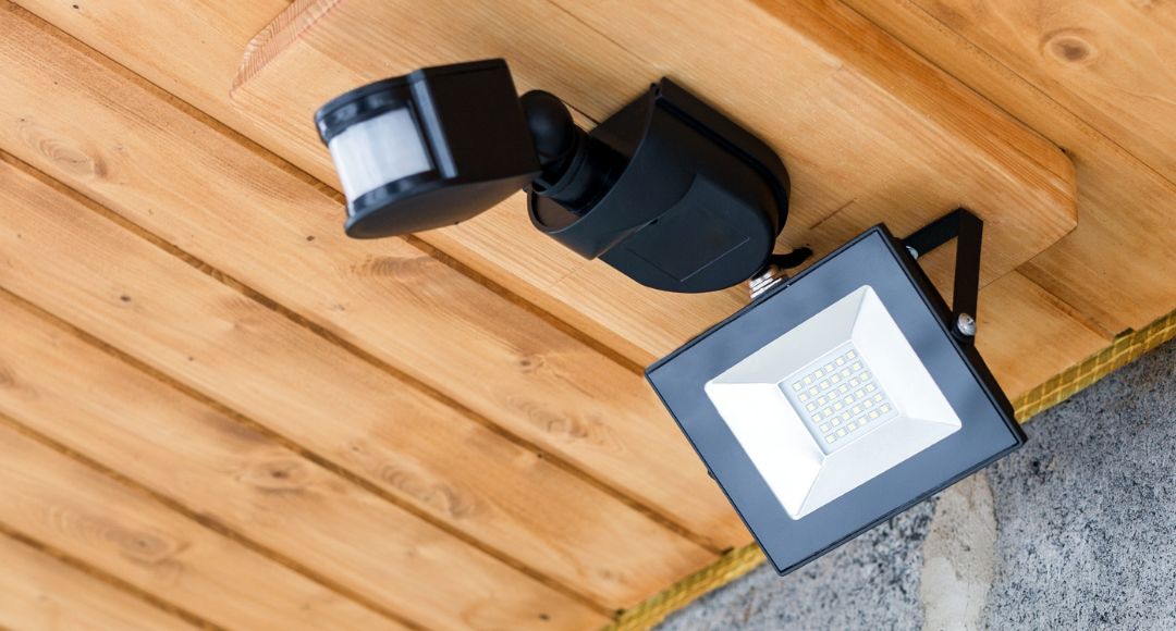 LED flood light on a wooden ceiling