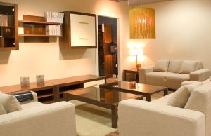 furnished living room with warm white light fixtures