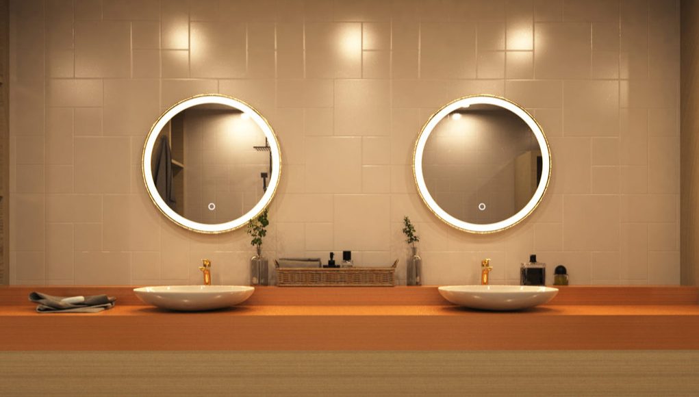 2 Smart LED Bathroom Mirrors in vanity area.