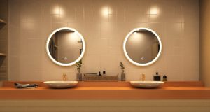 2 Smart LED Bathroom Mirrors in vanity area.