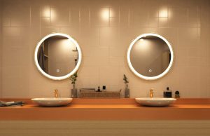 2 Smart LED Bathroom Mirrors in vanity area.