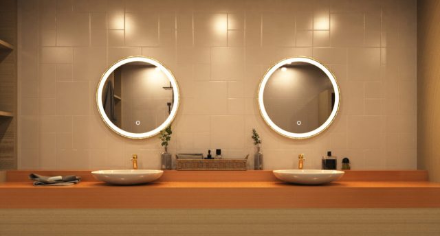 2 Smart LED Bathroom Mirrors in vanity area.