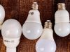 Light bulbs alternately lined up on a table with labels showing on some