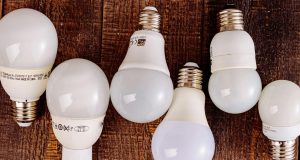 Light bulbs alternately lined up on a table with labels showing on some