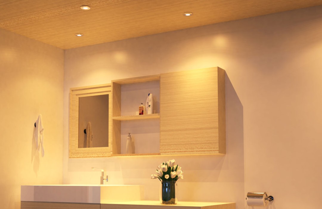 bathroom cabinet and vanity area illuminated by LED downlights