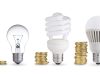incandescent, CFL, and an LED bulb lined up with coins beside them.