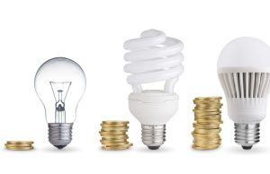 incandescent, CFL, and an LED bulb lined up with coins beside them.