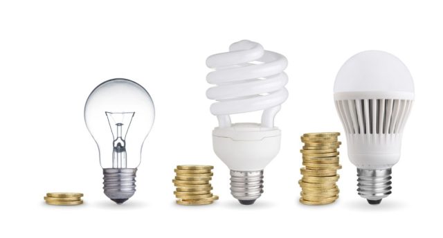 incandescent, CFL, and an LED bulb lined up with coins beside them.