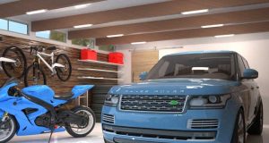 An image of a clean and bright garage with a motorcycle and a car parked inside.