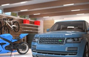 An image of a clean and bright garage with a motorcycle and a car parked inside.