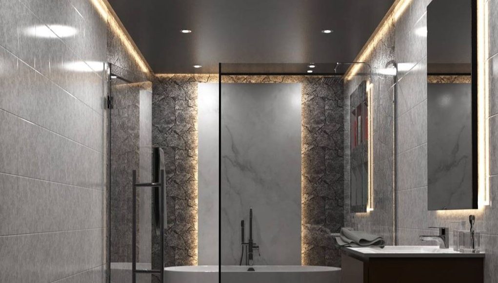 bathroom illuminated by LED strips and downlights