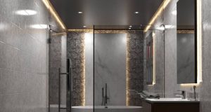 bathroom illuminated by LED strips and downlights