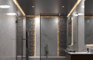 bathroom illuminated by LED strips and downlights