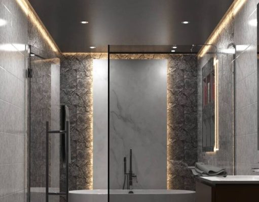 bathroom illuminated by LED strips and downlights