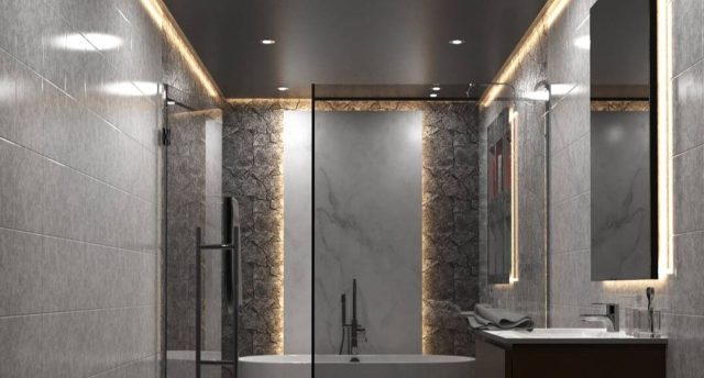 bathroom illuminated by LED strips and downlights