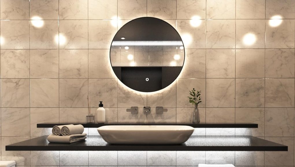 Bathroom vanity area with smart LED mirror