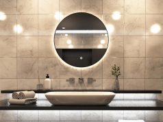 Bathroom vanity area with smart LED mirror