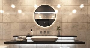 Bathroom vanity area with smart LED mirror