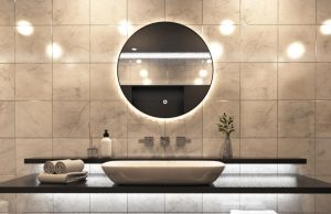 Bathroom vanity area with smart LED mirror