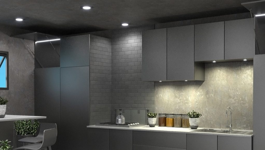 Kitchen illuminated by LED downlights