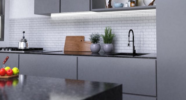 Lighting Kitchen Islands and Breakfast Bars for Impact Modern kitchen with LED downlights (angle 1)