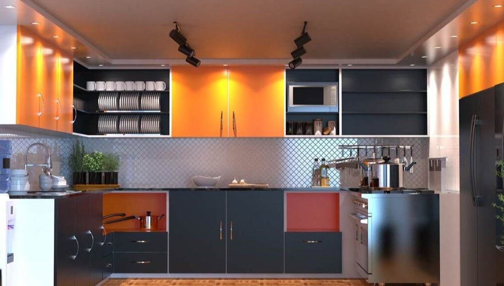 Orange-themed kitchen with LED lights (angle 1)