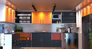 Orange-themed kitchen with LED lights (angle 1)