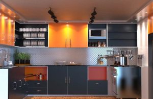 Orange-themed kitchen with LED lights (angle 1)