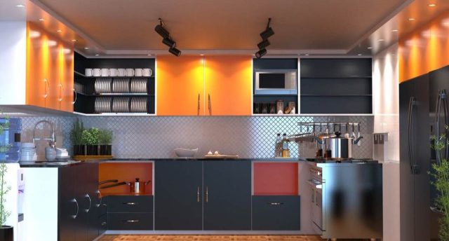 Orange-themed kitchen with LED lights (angle 1)